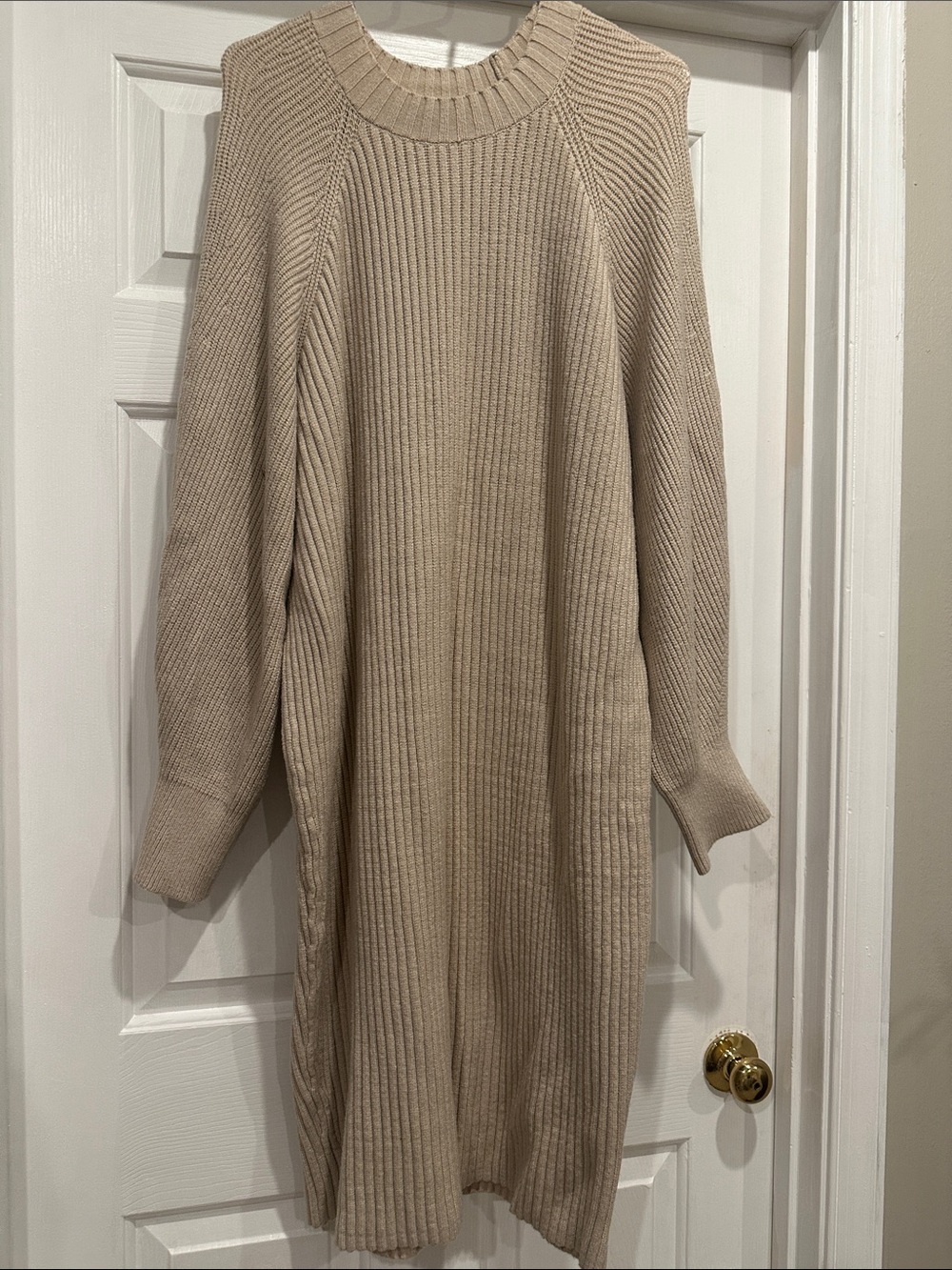 Express Cream Ribbed Crewneck Sweater Dress